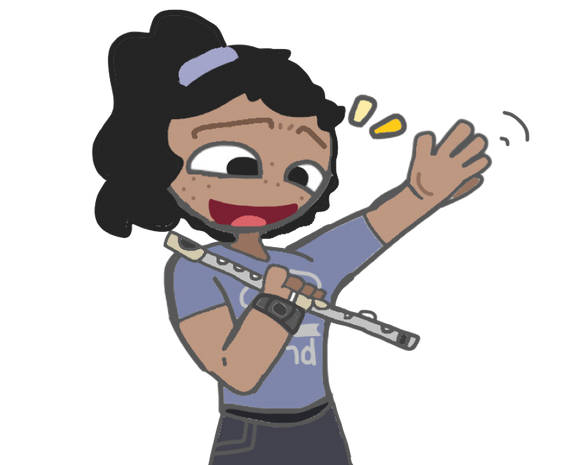 A decorative image showing a digitally drawn portrait of Kaitlin holding her flute. The portrait was drawn by one of Kaitlin's students