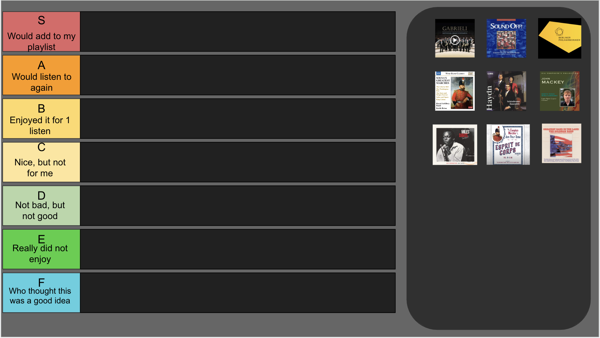 A slide from the Tier List assignment showing a listening excerpt with tier categories