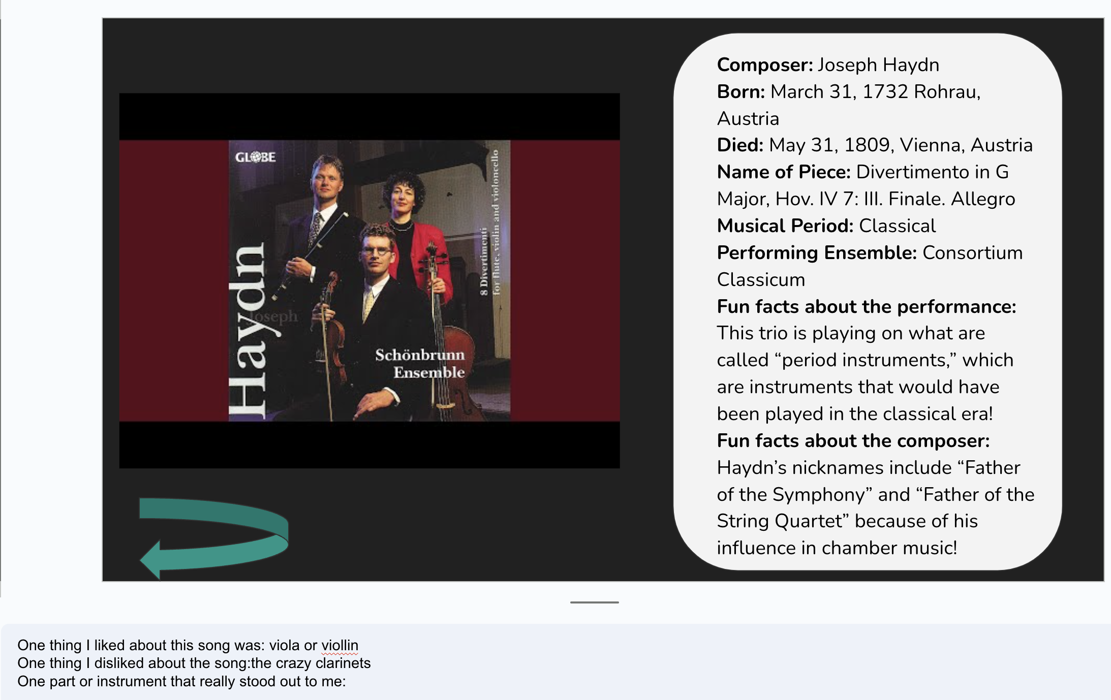 A slide showing a student's written answers in the speaker notes