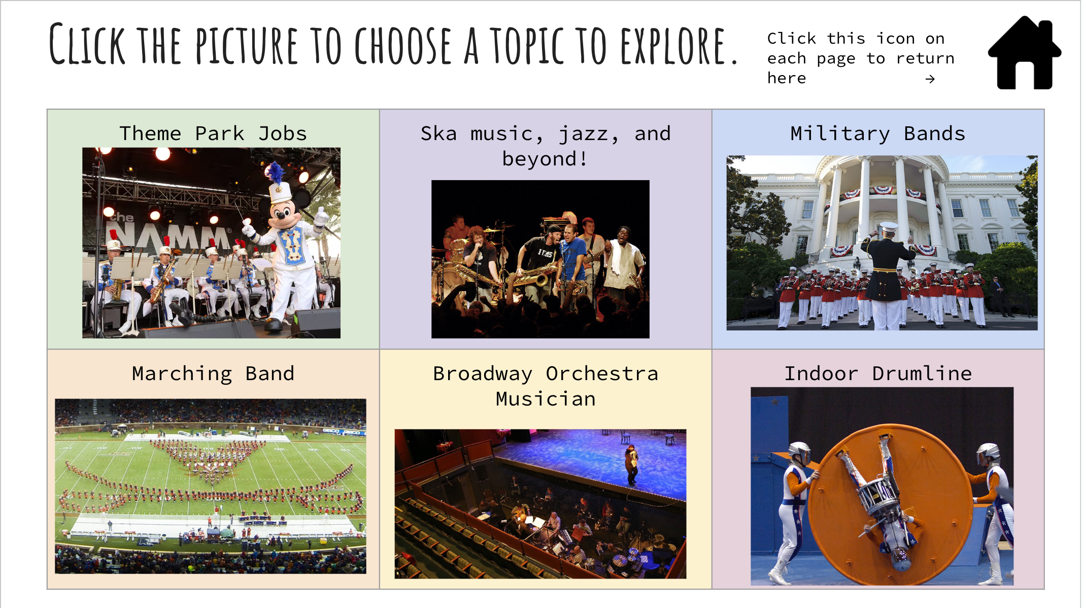 The main hub slide of the Instrumental Music Careers assignment