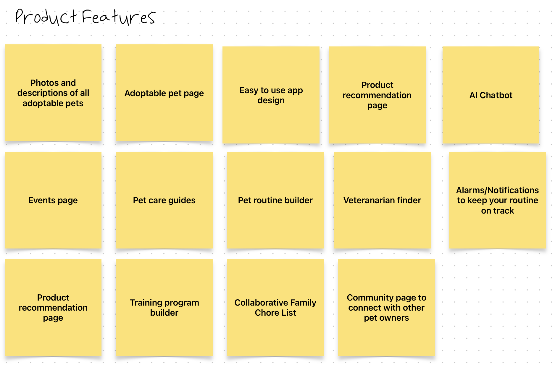A Freeform whiteboard screenshot showing all the feature ideas on sticky notes