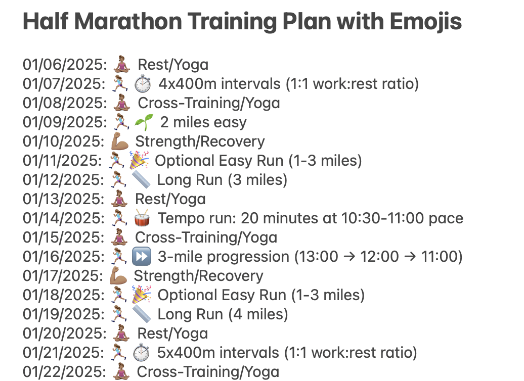 A screenshot of ChatGPT reformatting the training plan with emojis
