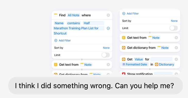 A screenshot of the Shortcut being built in the Shortcuts app
