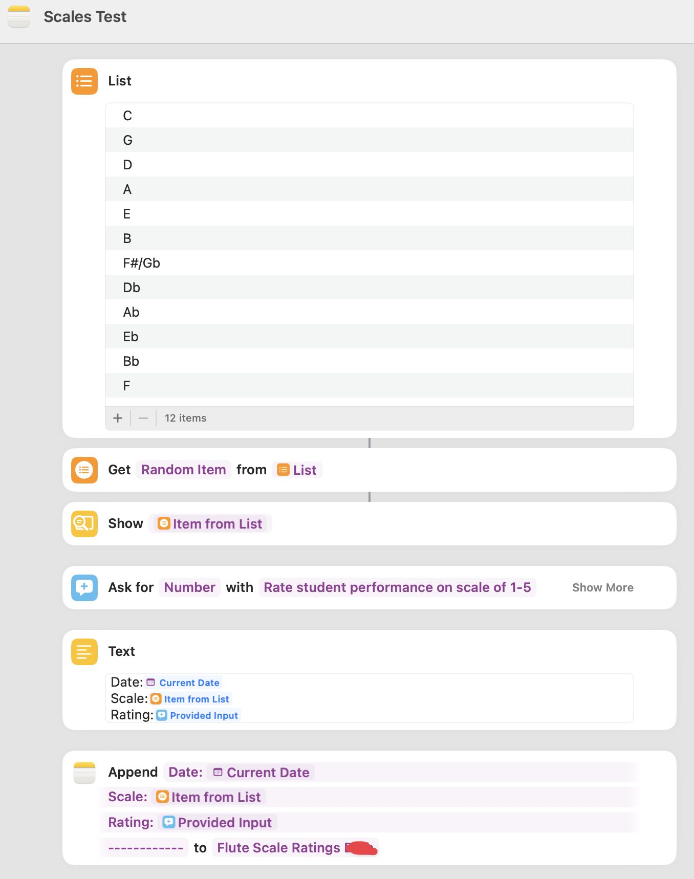 A screenshot of the Shortcut flow for Major Scales Practice