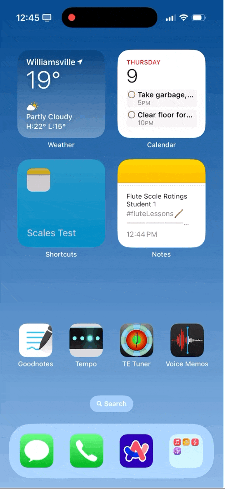 Major Scales Practice Shortcut in action showing the Shortcuts app and Notes app